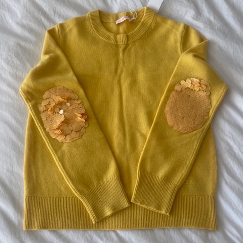Tory Burch Jasmine Yellow Cashmere Sweater w/ Sequined Elbow Patches